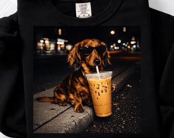 Funny Dachshund Iced Coffee PNG, Retro Dog Meme Design (Digital Download)