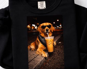 Zabawna mrożona kawa z golden retrieverem w formacie PNG, projekt mema z retro psem (pobieranie cyfrowe)