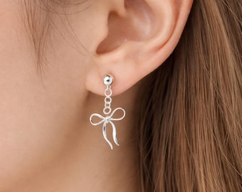 Sterling Silver Bow Earrings Dainty Drop Earrings Minimalist Ribbon Dangle Jewelry Gift For Her