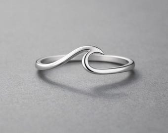 Anillo de ola de plata de ley 925, minimalista, hecho a mano, inspirado en el océano, joyería ajustable