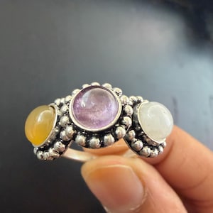 Moonstone Amethyst Citrine Ring, 925 Sterling Silver Ring, Triple Gemstone Ring, Boho Statement Ring, Handmade Crystal Jewelry, Gift for Her