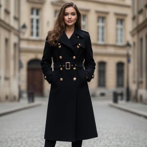 May include: A long, black trench coat with gold-colored buttons and a matching belt. The coat has a double-breasted design and is worn in an outdoor setting. The coat's length extends to the ankles.