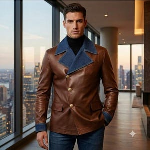 May include: A brown leather jacket featuring a blue denim collar and matching denim cuffs. The jacket is double-breasted with three large gold-toned buttons down the front and includes two flap pockets on the lower front section.