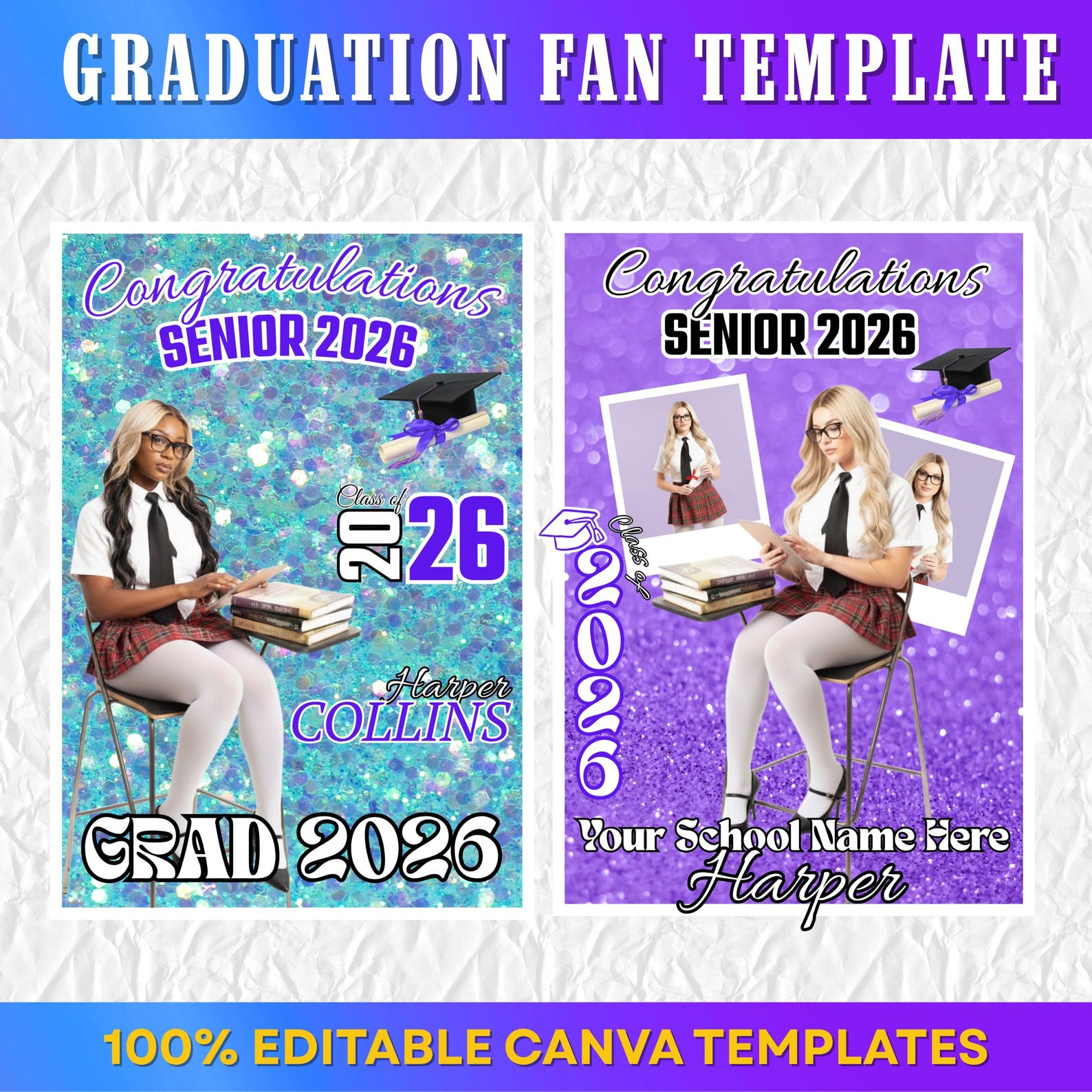 Graduation Fan Template Bundle, Class of 2026 Canva Templates, Senior ...