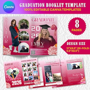 Può includere: Un modello di libretto di laurea rosa con il testo "Modello di libretto di laurea" e "Modelli Canva modificabili al 100%". Il design include foto, testo e le parole "Laureato", "Senior" e "Congratulazioni 2026".