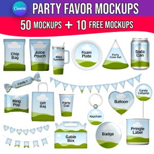 May include: A collection of party favor mockups, including a chip bag, juice pouch, 40oz tumbler, foam plate, party cone hat, soda can, candy, ring pop, gift bag, party cup, keychain, balloon, candy lollipop, gable box, badge, and Pringle label. The text reads "PARTY FAVOR MOCKUPS".