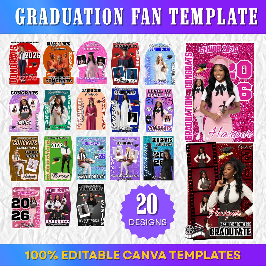 Graduation Fan Template Bundle, Class of 2026 Canva Templates, Senior ...
