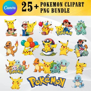 May include: A collection of colorful Pokemon clipart images, including Pikachu, Charmander, and Bulbasaur. The image features the text "25+ Pokemon Clipart PNG Bundle" and the Canva logo. The clipart is suitable for various creative projects.