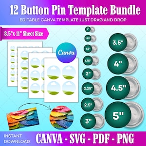 Button Pin Template Bundle Canva, Editable Circle Template Set, Pin Button Sizes SVG PNG PDF, Cricut Button Template