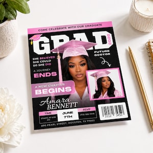 May include: A graduation announcement with a black and pink design. The announcement features a photo of a graduate wearing a pink cap and gown. Text includes the graduate's name, graduation date, and RSVP information.