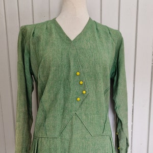Antique Edwardian 20s Green Yellow Button Decor Wool Dress Medium Large AS IS