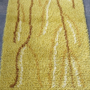 Yellow Handmade Hand knotted Wool Norwegian Scandinavian Mid Century Modern Rye Rug Carpet Tapestry Wall hanging Abstract Art
