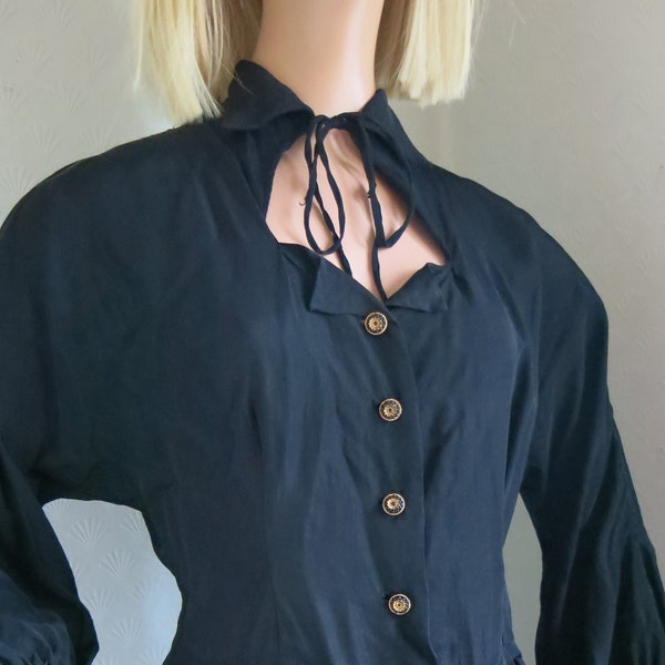 Black 40s 50s Shirtwaist Keyhole Collared Dress Medium