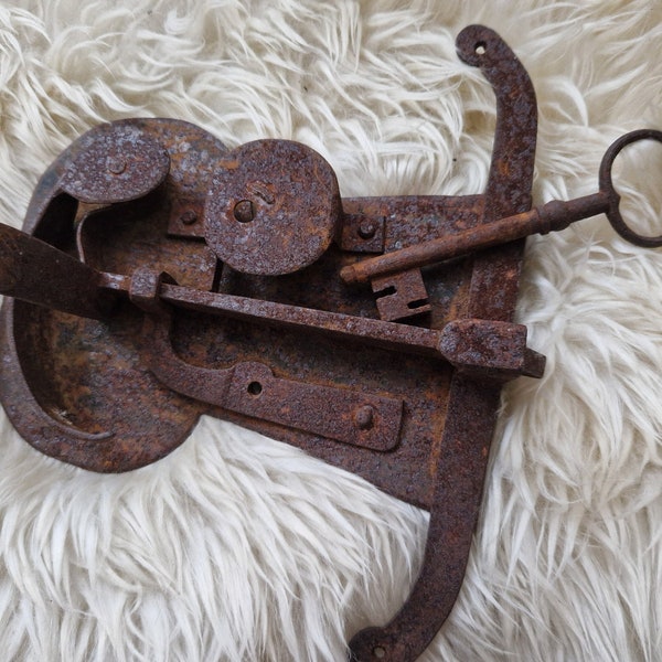 Antique Iron Handmade Hand Forged Door Lock Door Key 19th Century 1800s Primitive Rustic Scandinavian Norwegian