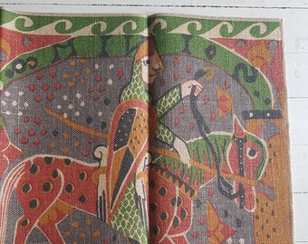 Tapestry Norwegian Baldishol Medieval Printed Motif Scandinavian Antique Style NOS New Unused 90s Burlap