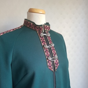 70s Norwegian Folk Costume Bunad Style Jacket Green Purple Traditional Woven Trimming Medium Large