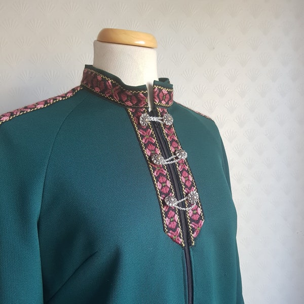 70er Jahre Norweger Trachten Jacke Bunad Style Grün Lila Traditionell Gewebt Borte Mittelgroß
