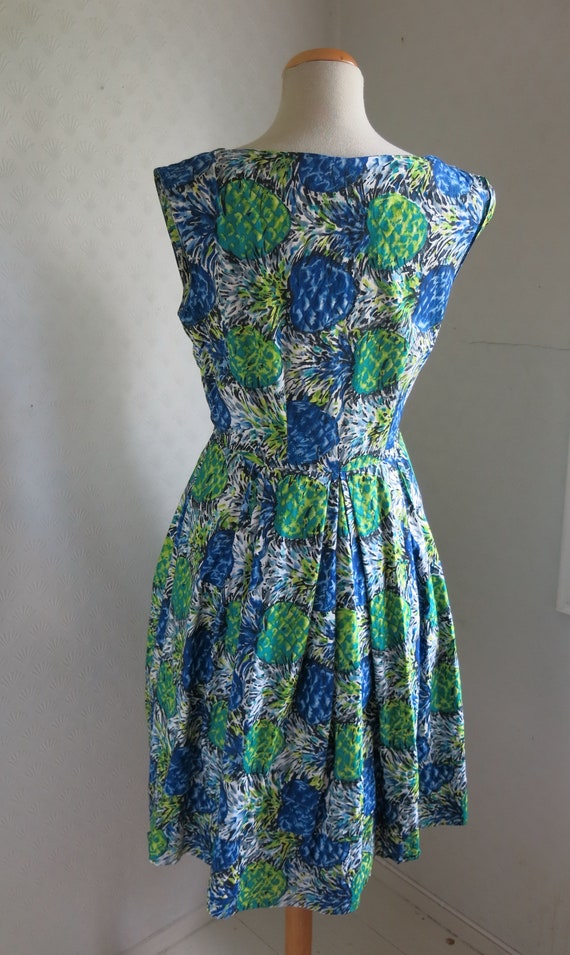 Green Blue Novelty Abstract print 50s Cotton dres… - image 5