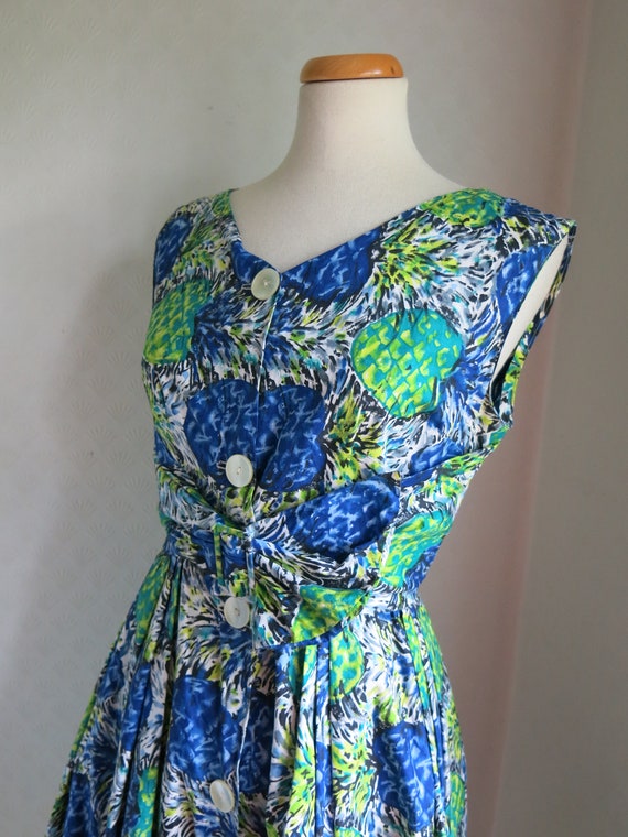 Green Blue Novelty Abstract print 50s Cotton dres… - image 6