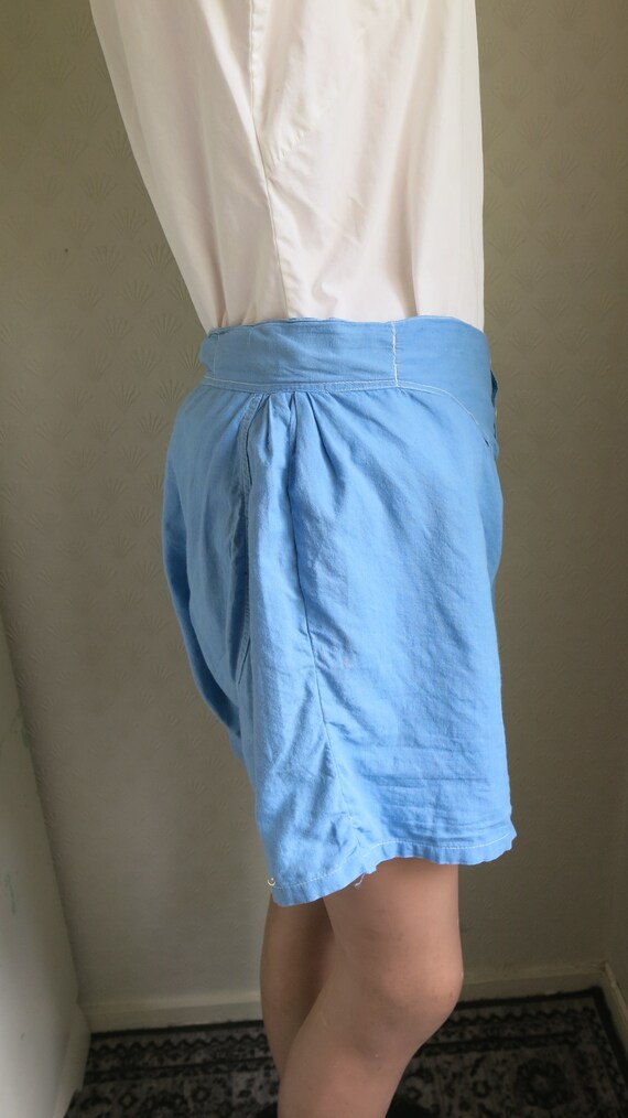 40s 50s Blue Cotton High Waist Button front Short… - image 4