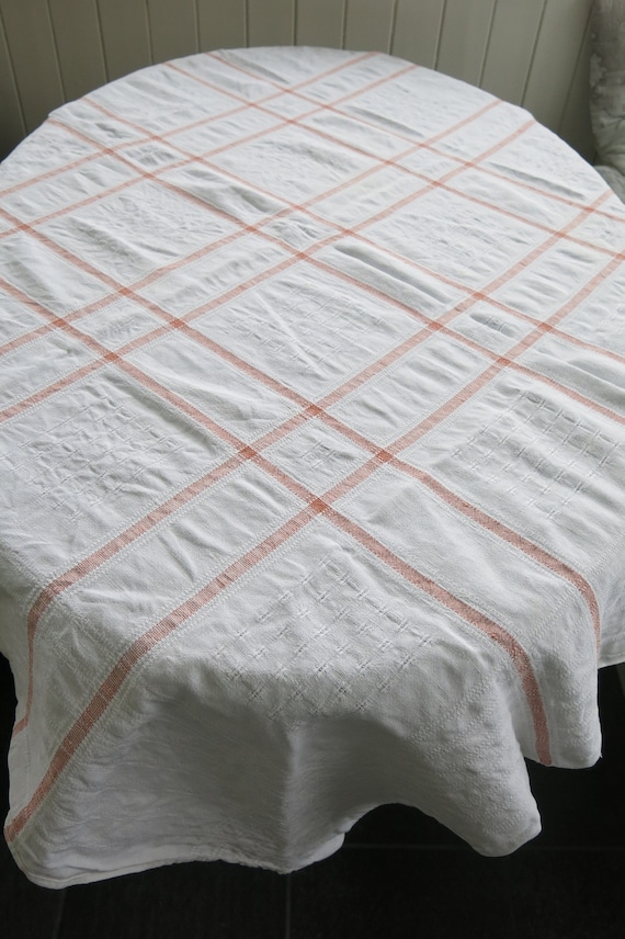 Large Antique Scandinavian Norwegian Woven table cloth Linen Traditional Weaving Homespun cotton