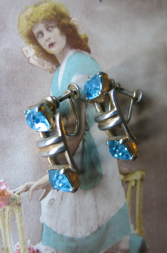 Blue Glass Gold Golden Art Deco 30s 40s Earrings