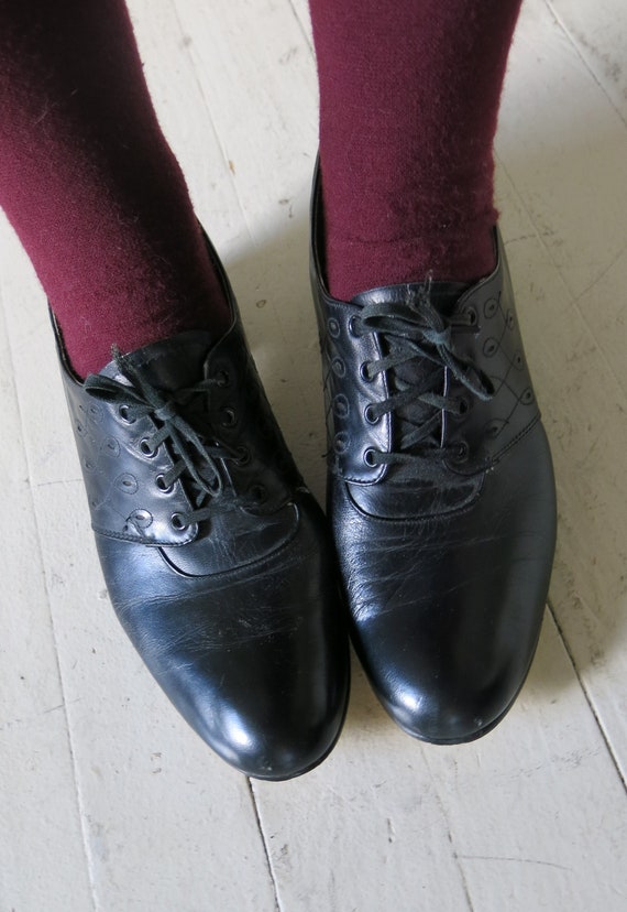 20s 30s Black Antique Lace up Oxfords Even Ease  … - image 1