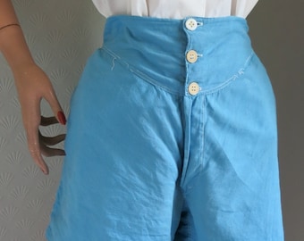 40s 50s Blue Cotton High Waist Button front Shorts Large