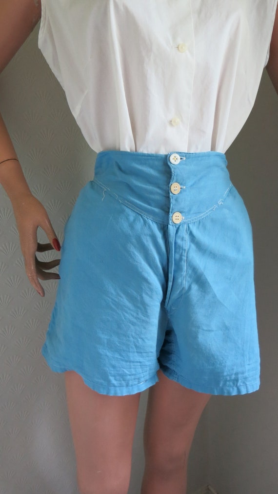 40s 50s Blue Cotton High Waist Button front Short… - image 1