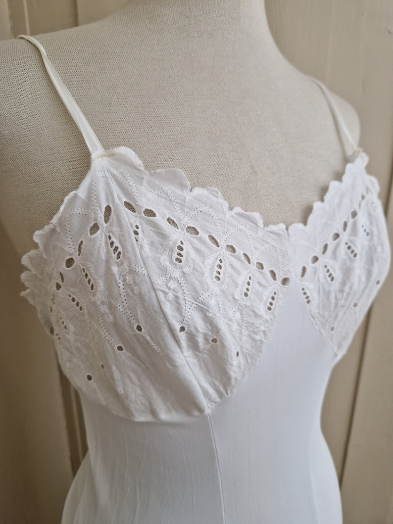 30s 40s Slip Dress Night gown Lingerie White Cotton Eyelet Embroidery Medium image 1