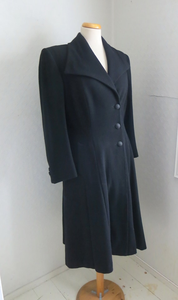 40s Black Wool woolen Princess Coat Big Collar Med