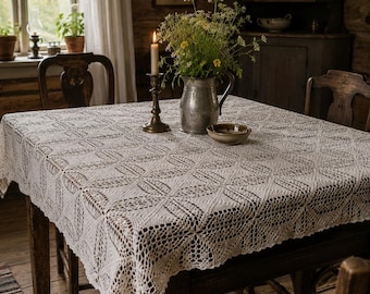 Handmade Large crochet Cotton Norwegian Scandinavian White Table linen Tablecloth