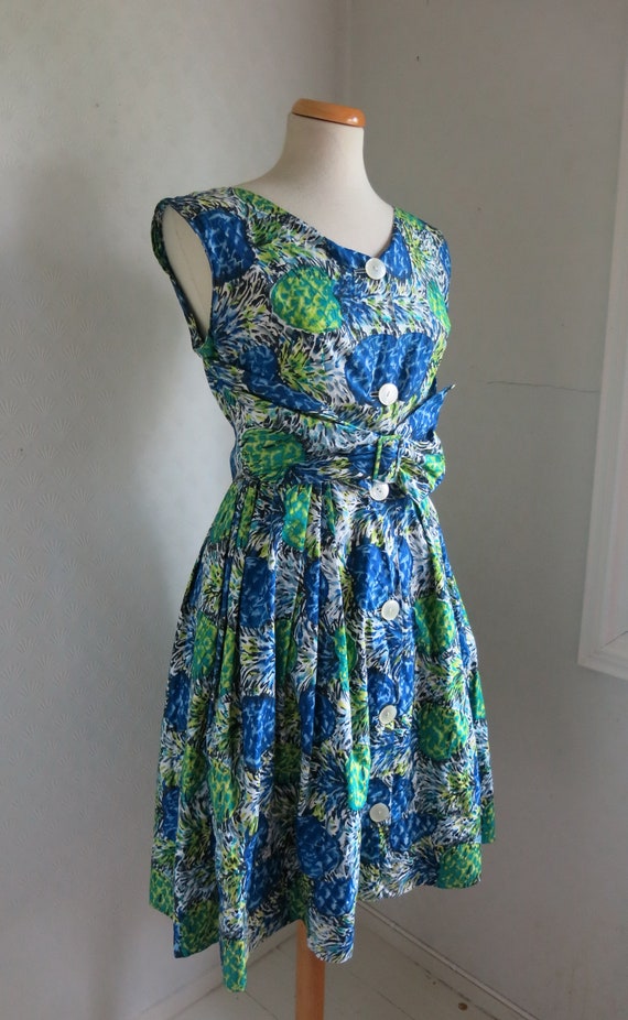 Green Blue Novelty Abstract print 50s Cotton dres… - image 4