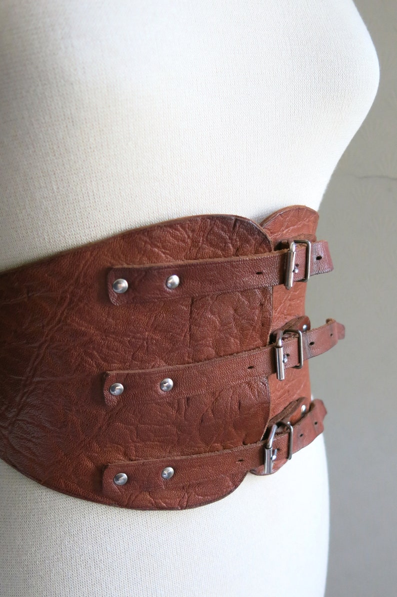 Wide Corset Style 90s Brown Leather Belt Buckles Antique Victorian Medieval Large