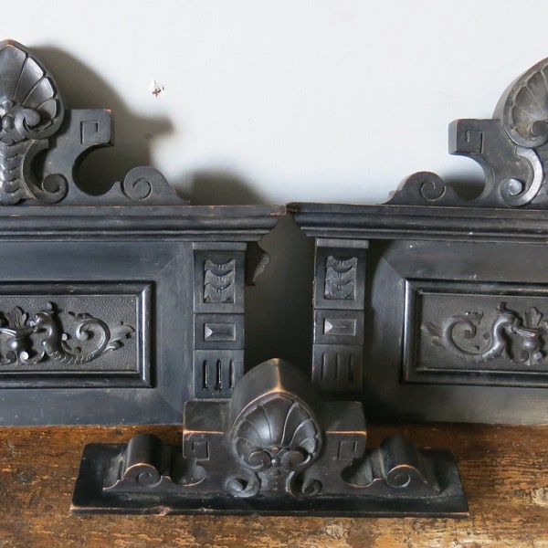 RESERVED! Antique Gothic Wooden Carved  Dragon Pediment Furniture Decor Details Remnants Set of 3
