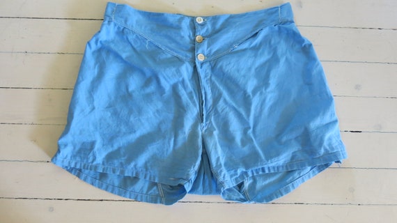 40s 50s Blue Cotton High Waist Button front Short… - image 7