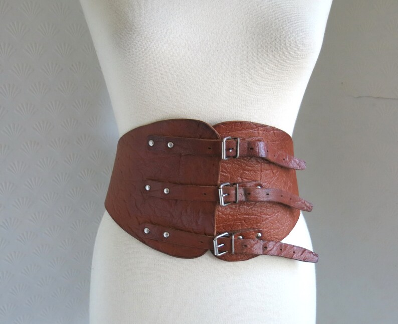 Wide Corset Style 90s Brown Leather Belt Buckles Antique Victorian Medieval Large