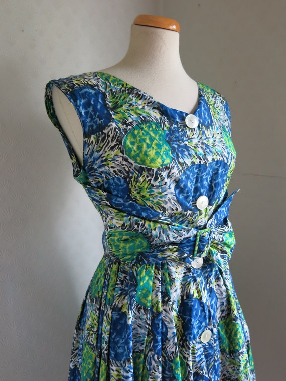 Green Blue Novelty Abstract print 50s Cotton dres… - image 1