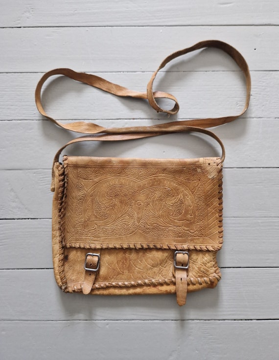 Handmade Antique Norwegian Leather Shoulder Bag Handbag Crossbody Bag Tooled Initials Primitive