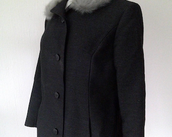 40s 50s Norwegian Wool Tweed Faux Fur Collar Coat Black Gray Medium Large
