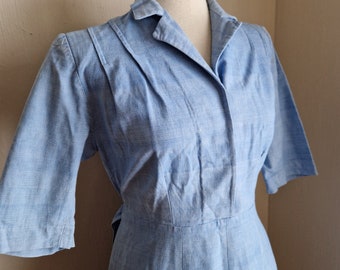 Denim 30s Chore Work wear Shirtwaist Dress Blue Collar Cotton Medium Large AS IS