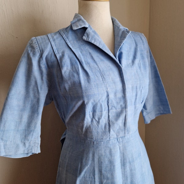 Denim 30s Chore Work wear Shirtwaist Dress Blue Collar Cotton Medium Large AS IS