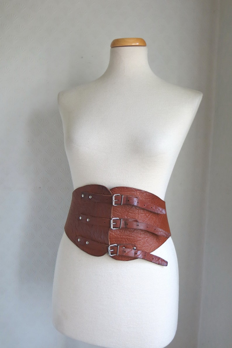 Wide Corset Style 90s Brown Leather Belt Buckles Antique Victorian Medieval Large