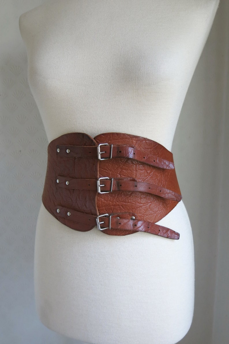 Wide Corset Style 90s Brown Leather Belt Buckles Antique Victorian Medieval Large