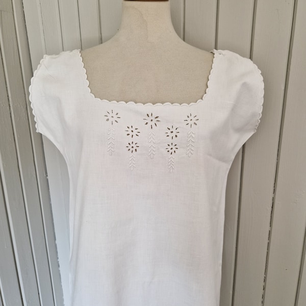 Antique White Cotton Eyelet Lace Embroidery Edwardian 20s Slip Dress Night Gown Large XL Norwegian