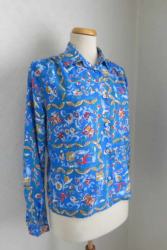 Blue Novelty Deer Butterfly Print 70s Blouse Mediu