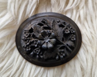 Antique Victorian Edwardian Mourning Brooch Gutta Percha Floral