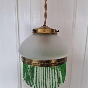 Antique 20s Edwardian Brass Glass Lamp Pendant Green glass fringe