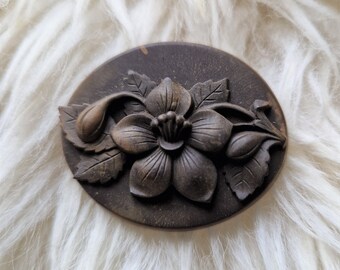 Antique Victorian Edwardian Mourning Brooch  Gutta Percha Floral