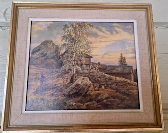 Vintage Norwegian Framed Print Nostalgic Farmhouse Mountain Motif